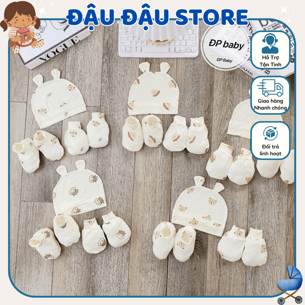 Set Mũ Bao Tay Bao Chân size 0- 3 tháng Trơn Cho Bé - Thun Lạnh mềm mịn, thoáng mát co giãn in họa tiết Đậu Đậu Store