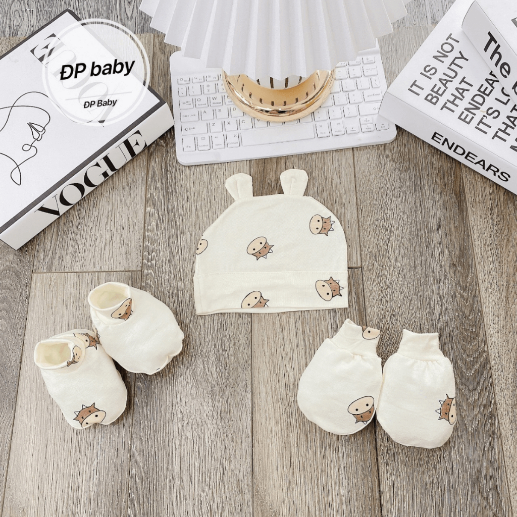 Set Mũ Bao Tay Bao Chân size 0- 3 tháng Trơn Cho Bé - Thun Lạnh mềm mịn, thoáng mát co giãn in họa tiết Đậu Đậu Store