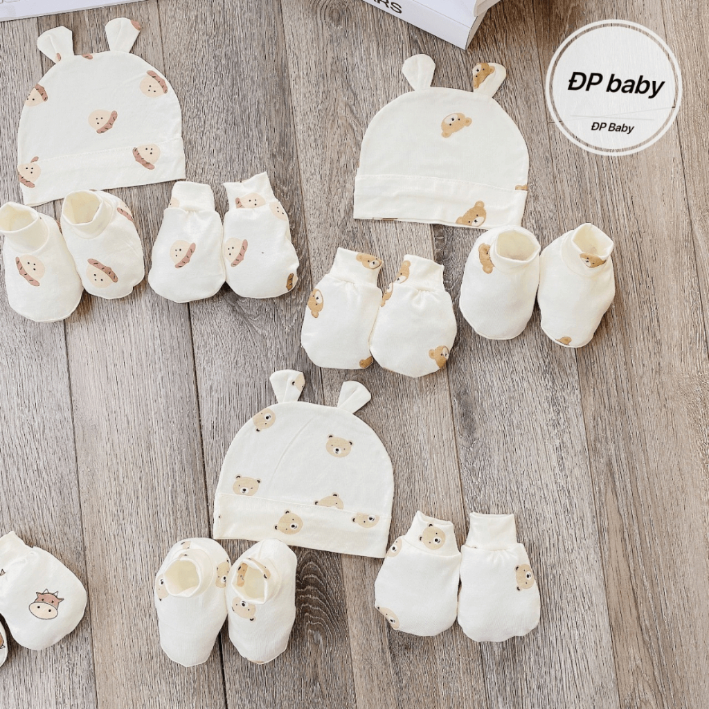 Set Mũ Bao Tay Bao Chân size 0- 3 tháng Trơn Cho Bé - Thun Lạnh mềm mịn, thoáng mát co giãn in họa tiết Đậu Đậu Store