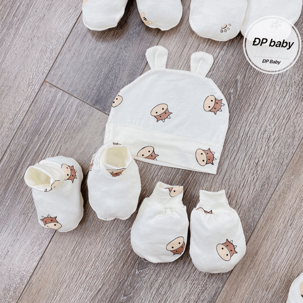 Set Mũ Bao Tay Bao Chân size 0- 3 tháng Trơn Cho Bé - Thun Lạnh mềm mịn, thoáng mát co giãn in họa tiết Đậu Đậu Store