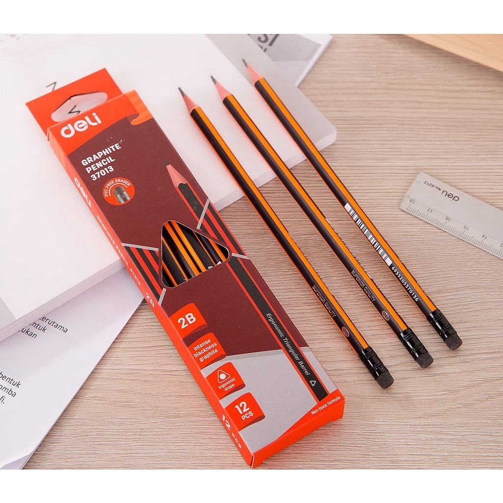 Bút Chì 2B Kèm Đầu Tẩy Deli Sọc Cam - Chì Đen Đậm, Dễ Tẩy Cho Học Sinh hộp 12 bút