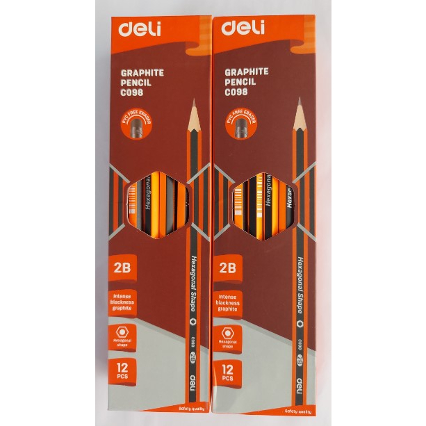 Bút Chì 2B Kèm Đầu Tẩy Deli Sọc Cam - Chì Đen Đậm, Dễ Tẩy Cho Học Sinh hộp 12 bút