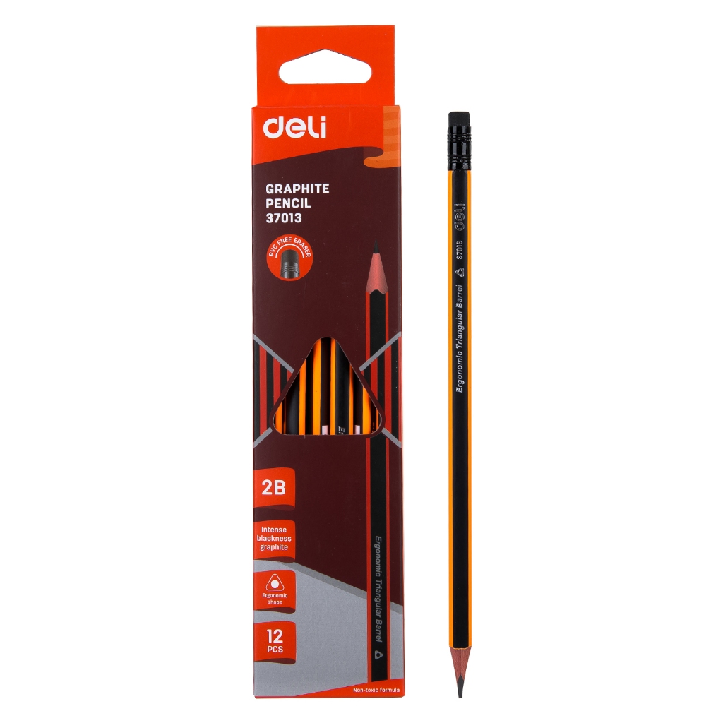 Bút Chì 2B Kèm Đầu Tẩy Deli Sọc Cam - Chì Đen Đậm, Dễ Tẩy Cho Học Sinh hộp 12 bút