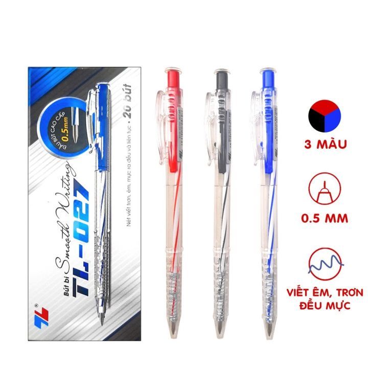 Hộp 20 Bút TL 027 bút đủ 3 màu xanh đen đỏ hàng chính hãng