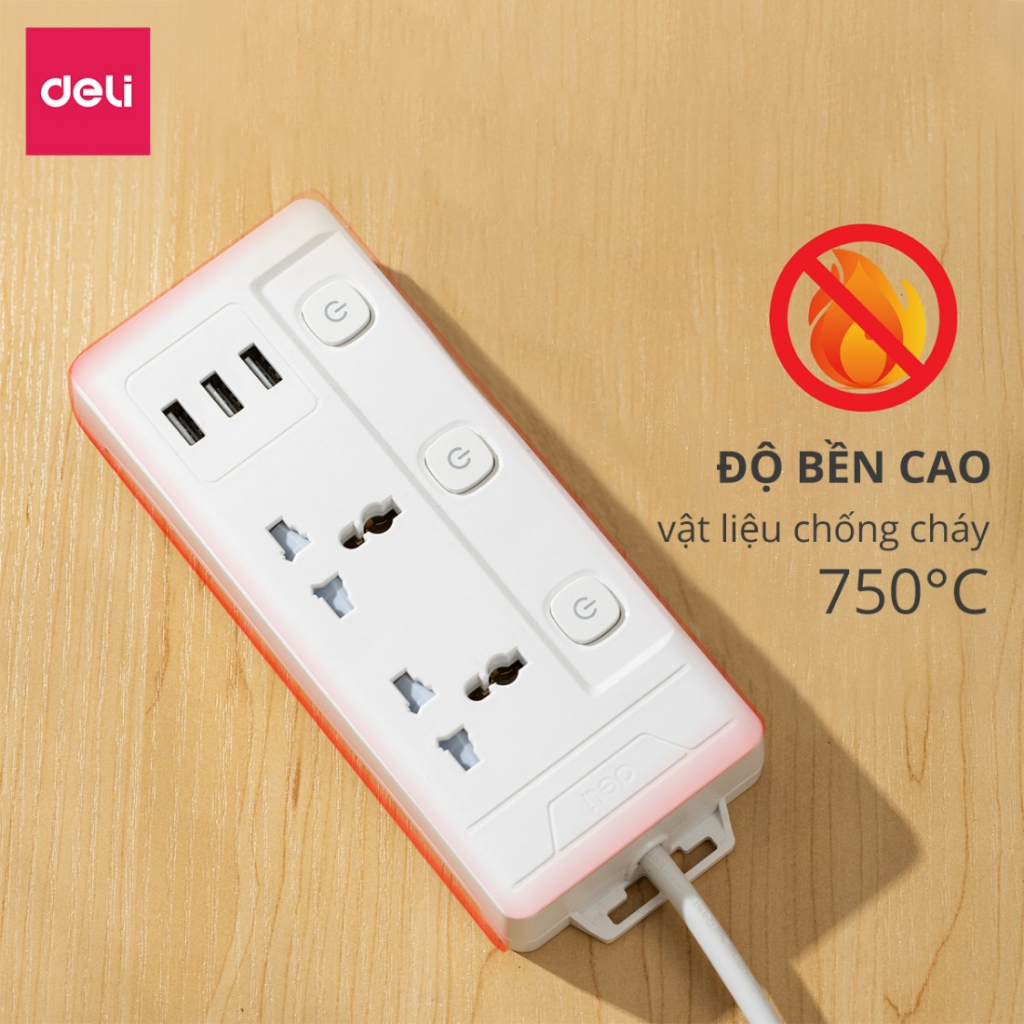 [TRỢ GIÁ] Ổ Cắm Điện Đa Năng 2026 Công sất 2500/3250W DELI Cổng Type C USB Sạc Nhanh 20W Ổ Nhiều Lỗ Cắm Lõi Chống Giật