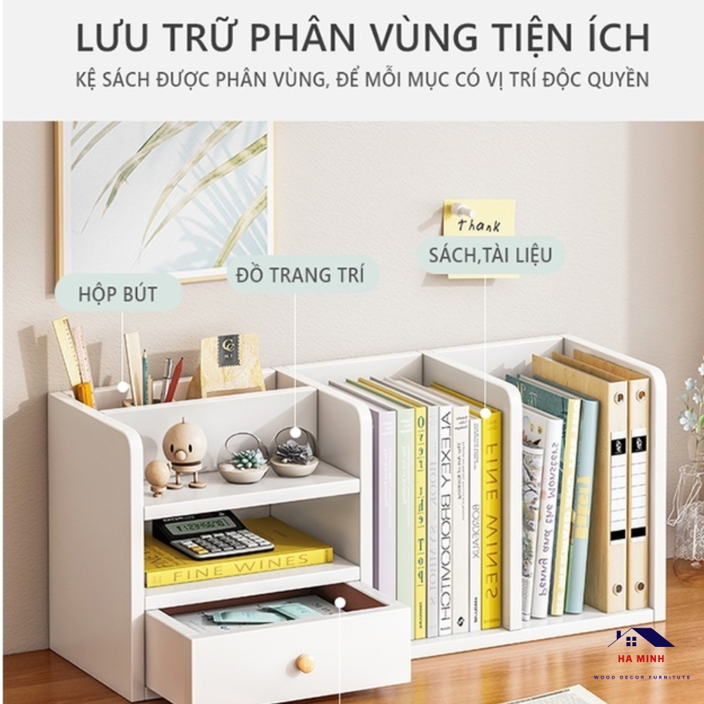 Kệ sách để bàn làm việc có ngăn kéo, kệ bàn làm việc bàn học, kệ bàn trang điểm có ngăn kéo HM262