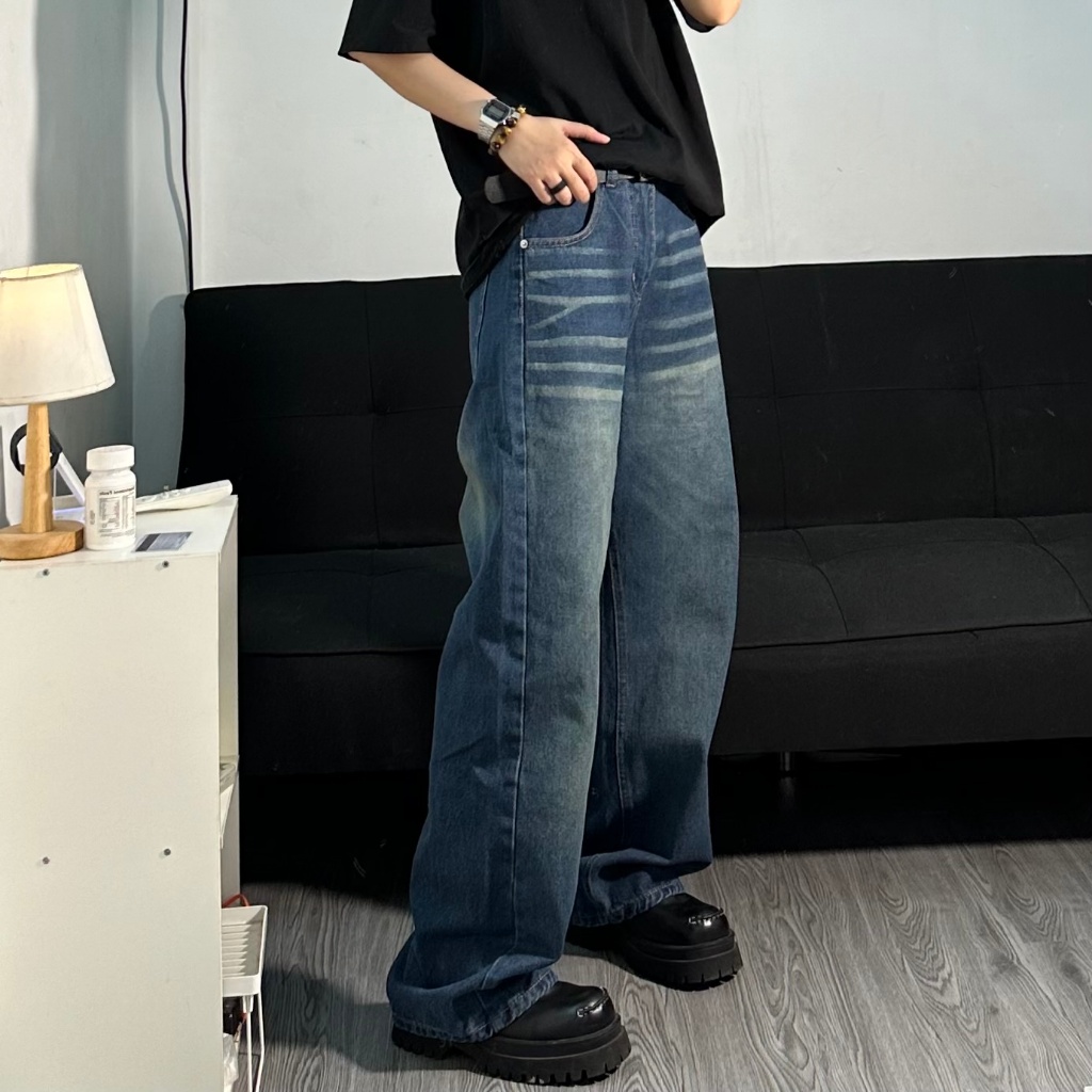 QUẦN BAGGY DENIM MÀU DARK BLUE ỐNG RỘNG VÀ DÀI