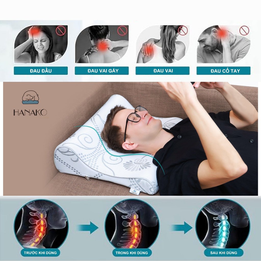 Gối Chăm Sóc Cột Sống Cổ Hanako – Thiết Kế 2 Đầu Cao Thấp Linh Hoạt, Hỗ Trợ Giảm Đau Mỏi Vai Gáy