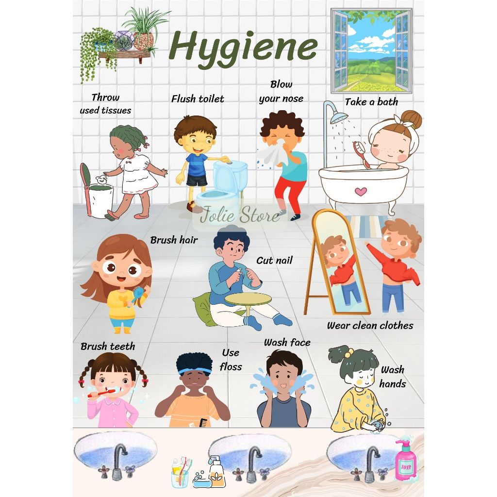 POSTER Khổ A4 - Hygiene/ Household chores - Chủ đề vệ sinh cá nhân/ dọn ...