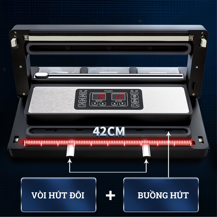 Máy hút chân không Shineye PW420A không kén túi - Lực hút mạnh, 2 vòi hút, đường hàn 42cm, hút được tất cả các loại túi