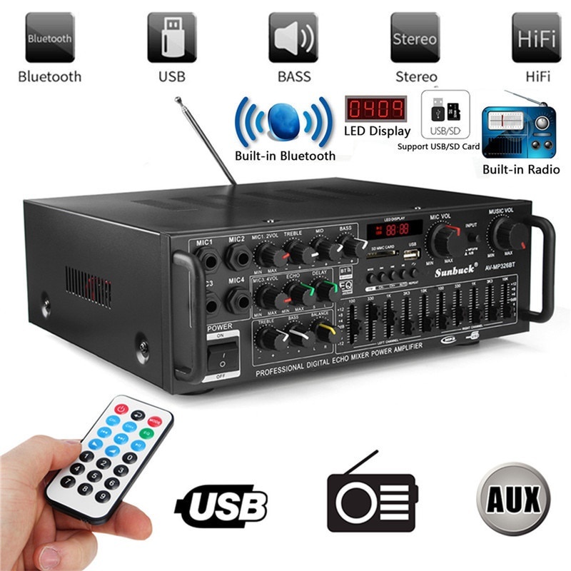 Amply âm ly bluetooth Sunbuck AV - 326BT - Amply karaoke gia đình 220V/12V - Công suất 400W, 4 cổng mic đa năng