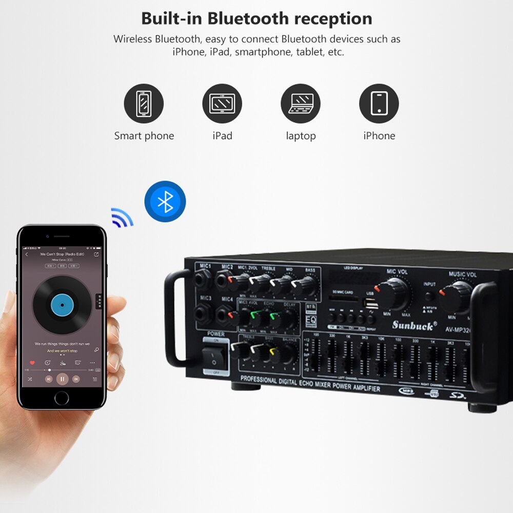 Amply âm ly bluetooth Sunbuck AV - 326BT - Amply karaoke gia đình 220V/12V - Công suất 400W, 4 cổng mic đa năng