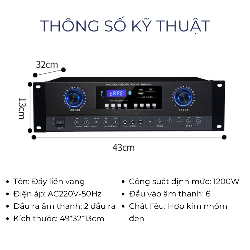 Đẩy liền vang karaoke Gunssi AV 330 - Bảo hành 12 tháng - Amply âm ly karaoke gia đình 12 sò công suất khủng 1200W