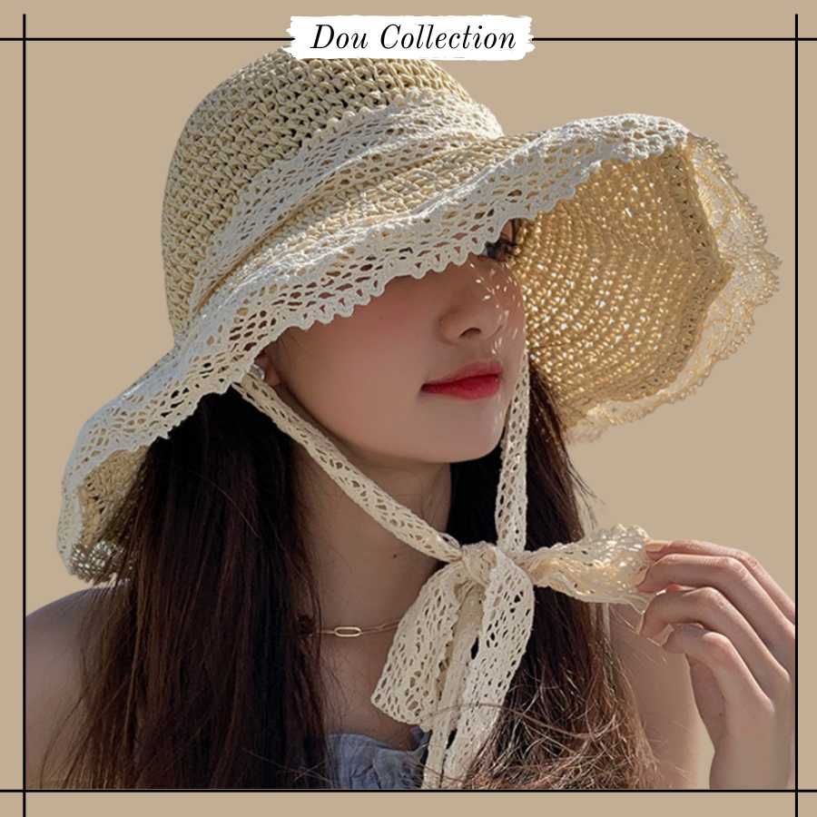 Mũ cói vành rộng thời trang biển, Nón cói nữ sợi cói đan móc phối nhiều họa tiết phong cách vintage nâu be - Mã THNC03