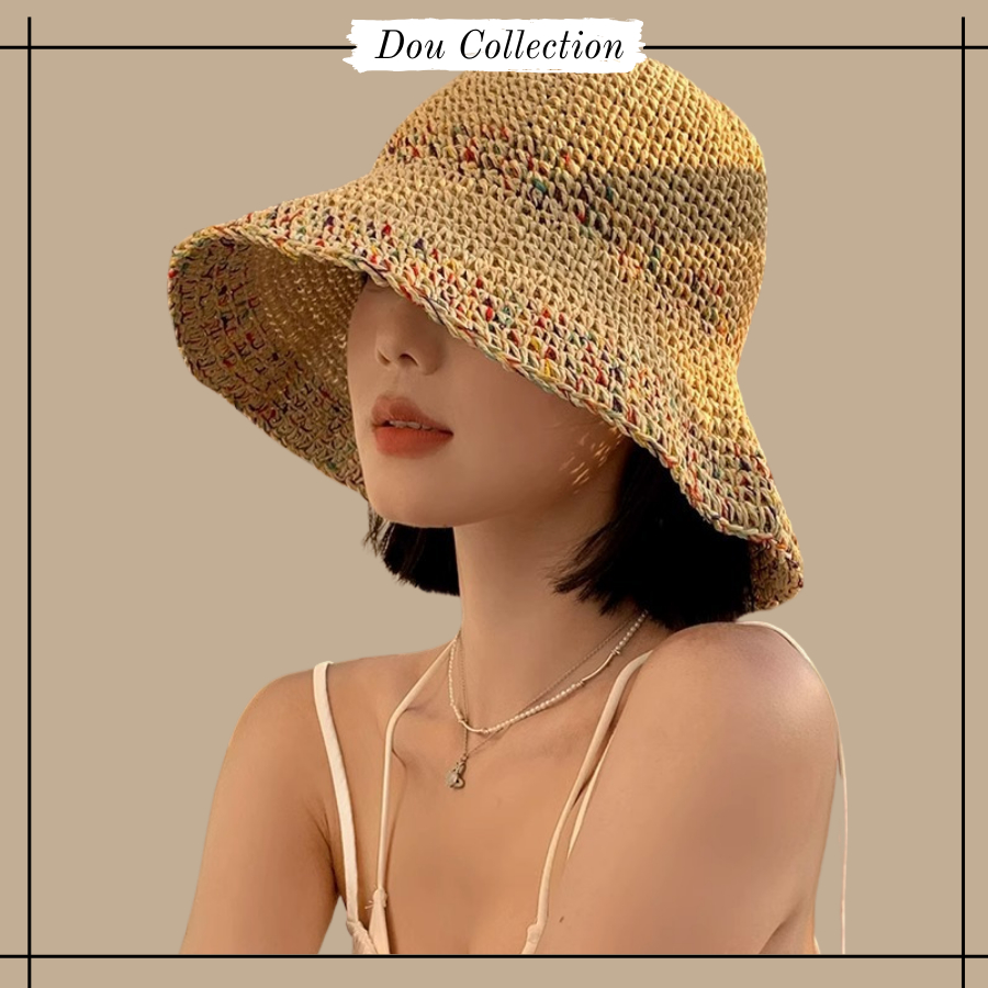 Mũ cói vành rộng thời trang biển, Nón cói nữ sợi cói đan móc phối nhiều họa tiết phong cách vintage nâu be - Mã THNC03