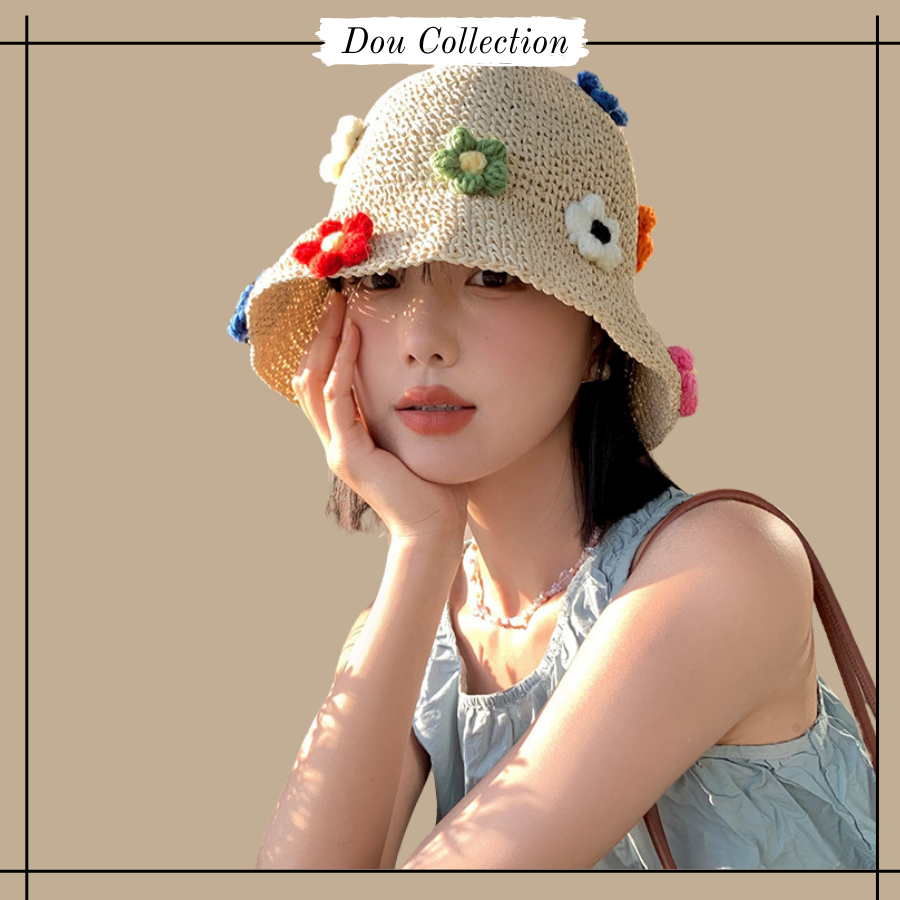 Mũ cói vành rộng thời trang biển, Nón cói nữ sợi cói đan móc phối nhiều họa tiết phong cách vintage nâu be - Mã THNC03