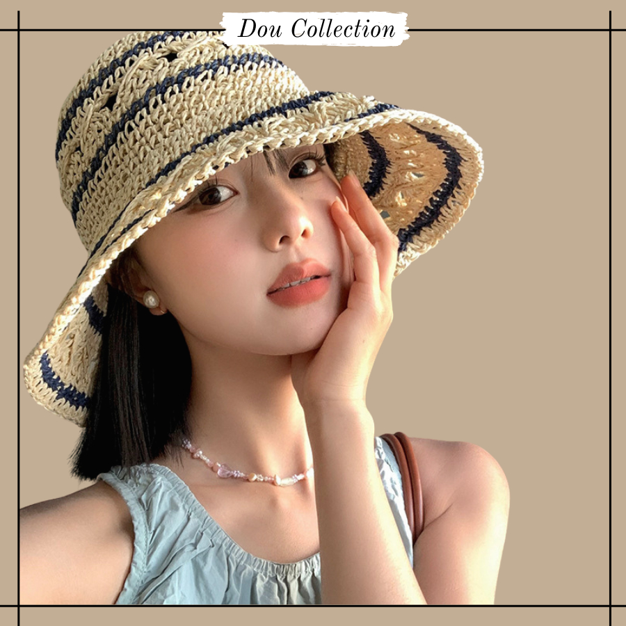 Mũ cói vành rộng thời trang biển, Nón cói nữ sợi cói đan móc phối nhiều họa tiết phong cách vintage nâu be - Mã THNC03