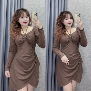 Đầm body bigsize nữ tay dài cổ vuông phối dây yếm vạt đắp chéo che bụng tốt chất gân tăm G214