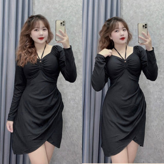 Đầm body bigsize nữ tay dài cổ vuông phối dây yếm vạt đắp chéo che bụng tốt chất gân tăm G214