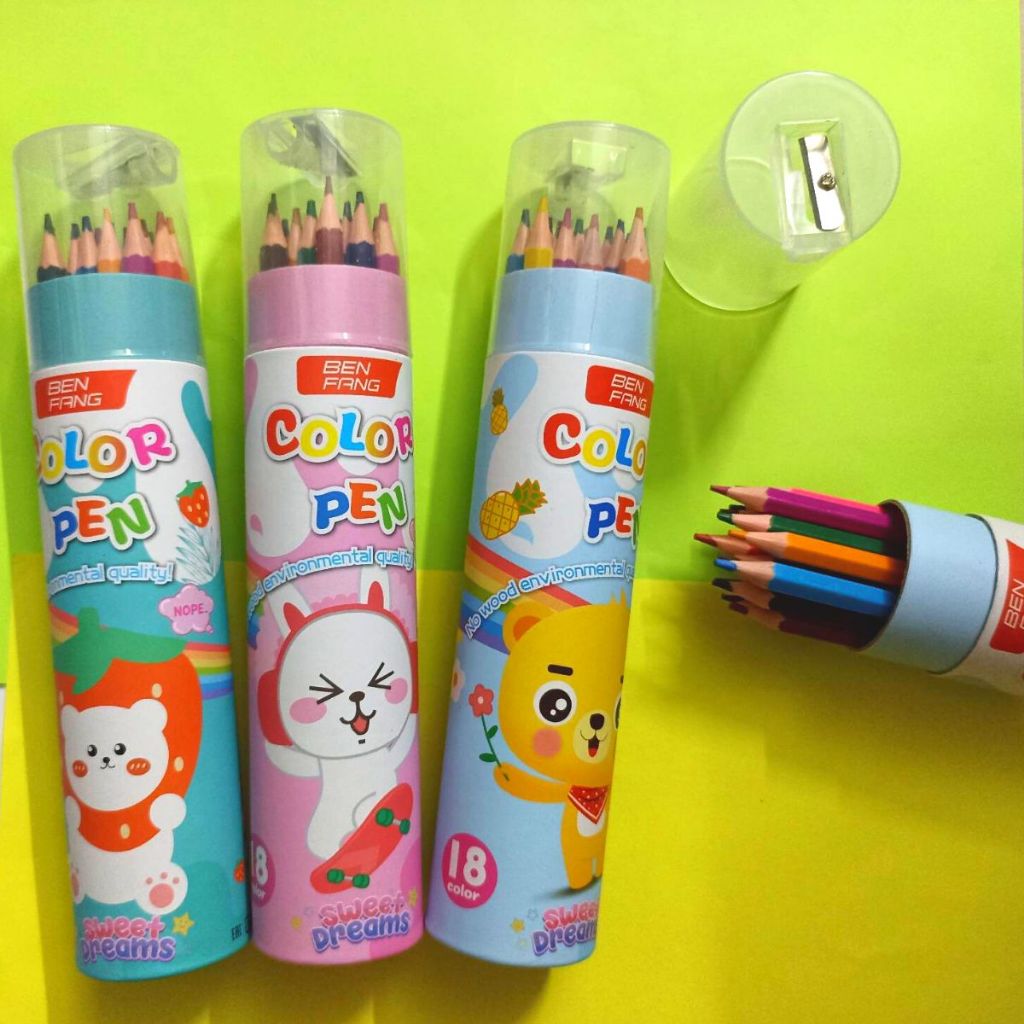 Bút Chì Màu 12 màu hoạt hình cho bé kèm lọ đựng, hộp bút chì màu