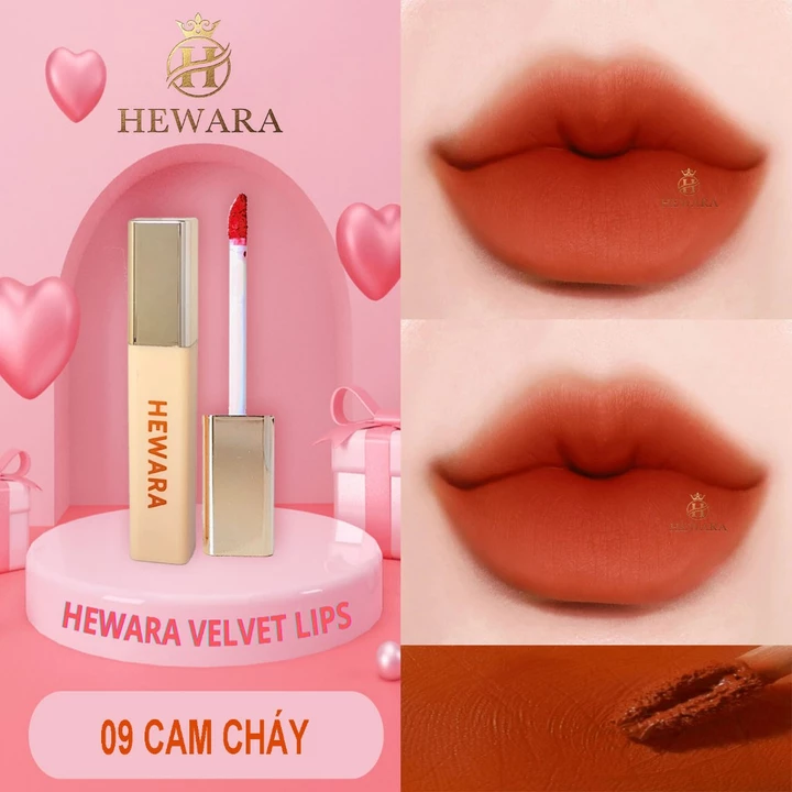 Son Kem Lì HEWARA Velvet Lips chất nhung mịn, mềm môi, bền màu, hàng chính hãng, màu CAM CHÁY