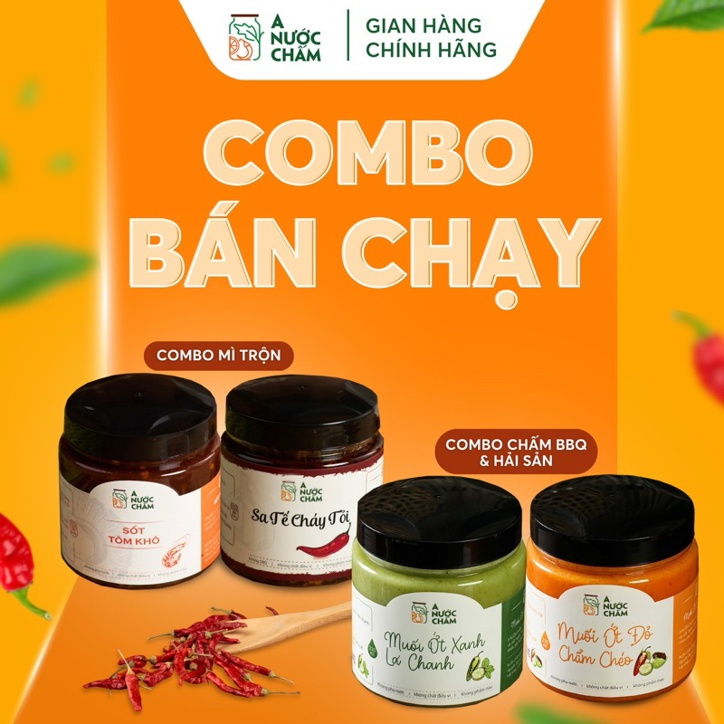 Combo Sốt tôm khô, sate cháy tỏi, muối ớt xanh và muối ớt đỏ