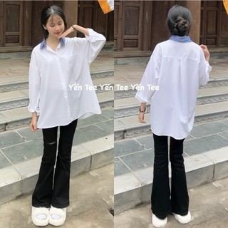 Áo sơ mi trắng dài tay phối cổ xanh Yến Tee Shop chất mát #019