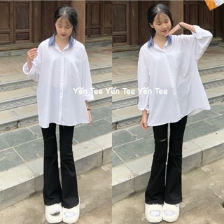 Áo sơ mi trắng dài tay phối cổ xanh Yến Tee Shop chất mát #019