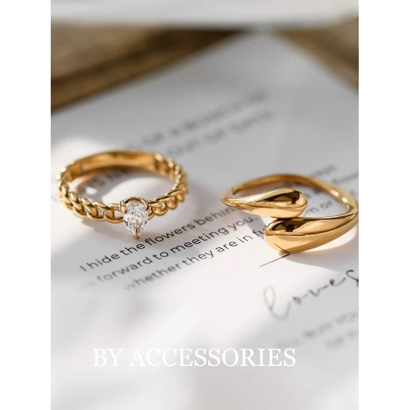 Nhẫn nữ titan kiểu giọt nước so le vintage mạ vàng 18K không gỉ