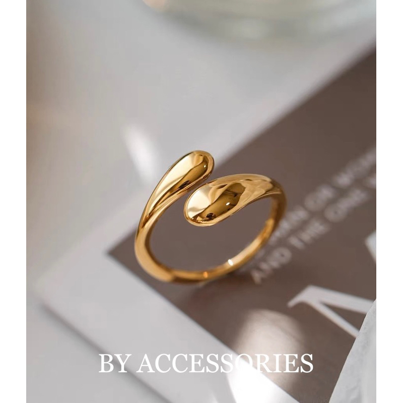 Nhẫn nữ titan kiểu giọt nước so le vintage mạ vàng 18K không gỉ