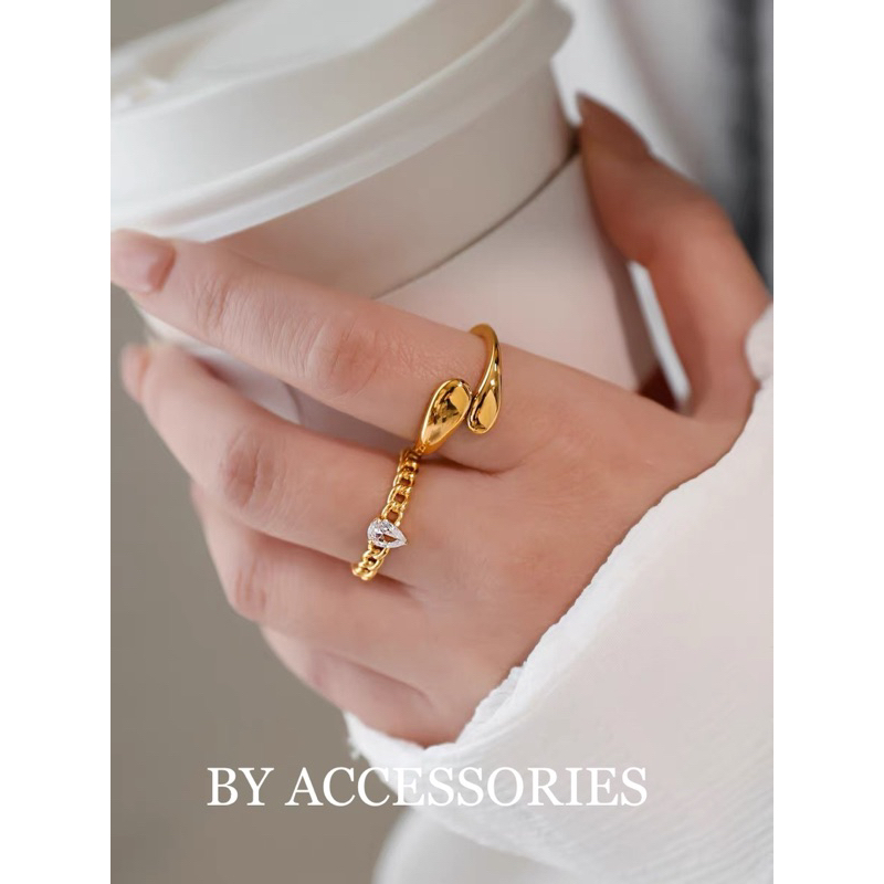 Nhẫn nữ titan kiểu giọt nước so le vintage mạ vàng 18K không gỉ