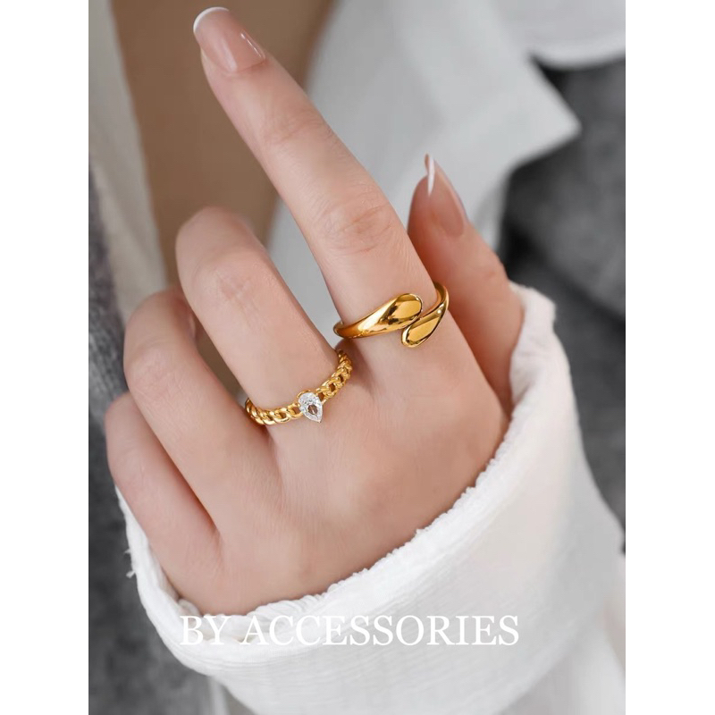 Nhẫn nữ titan kiểu giọt nước so le vintage mạ vàng 18K không gỉ