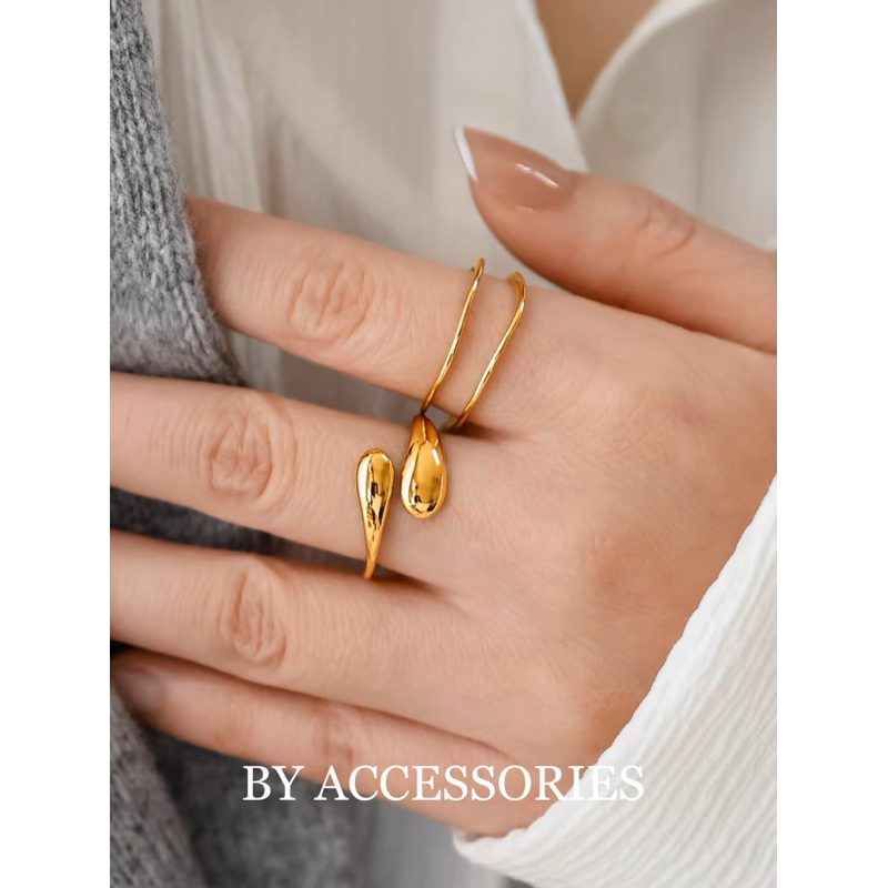 Nhẫn nữ titan kiểu giọt nước so le vintage mạ vàng 18K không gỉ