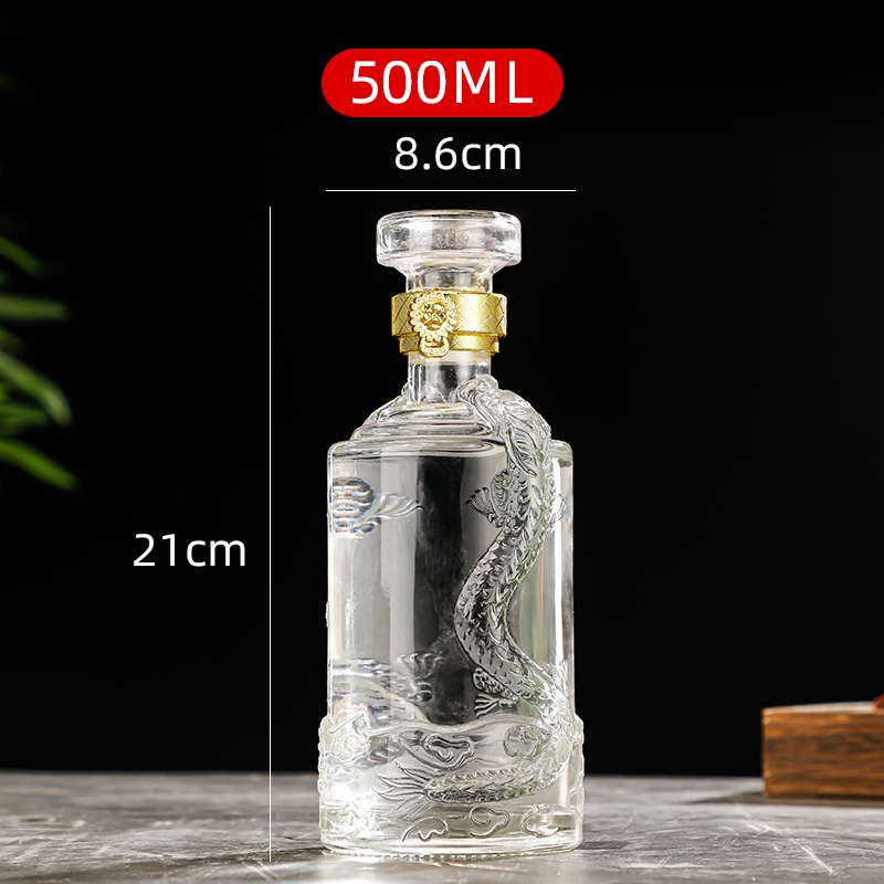 Vỏ Chai Thủy Tinh Đựng Rượu 500ml, Bình Ngâm Rượu Hoa Văn Rồng Thần