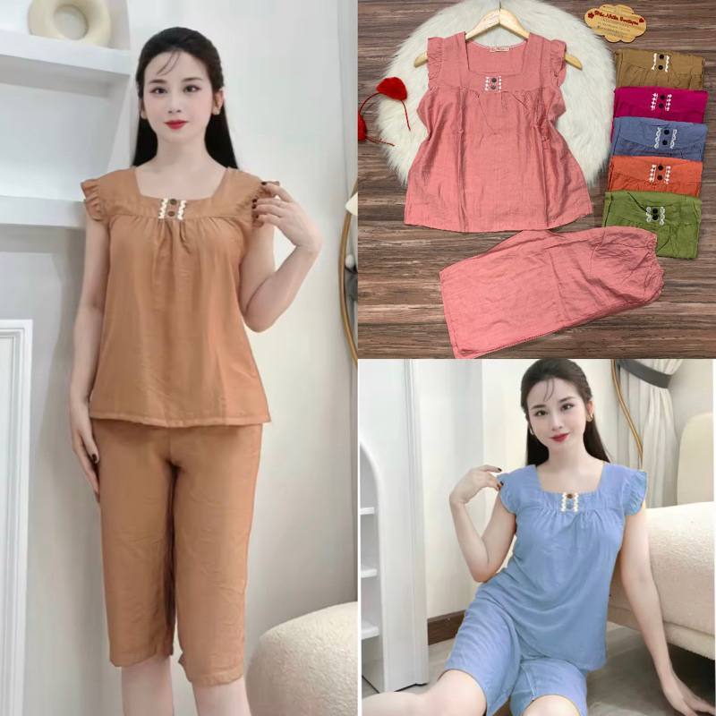 Đồ bộ mặc nhà quần lửng vải đũi tay con dễ thương phom dưới 52kg - L33