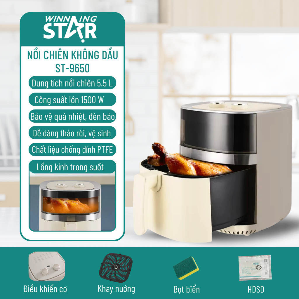 Nồi Chiên không dầu 5.5L WINNING STAR ST-9650, Công suất lớn 1500W. ST ...