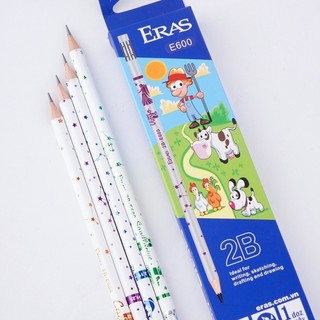 Hộp bút chì gỗ 2B 12 chiếc có tẩy mới Eras trắng xanh