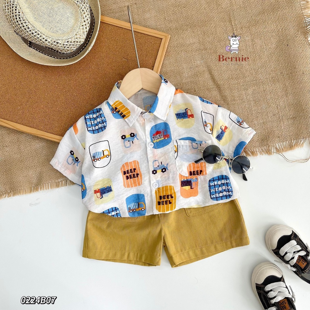 Bộ sơ mi hoạ tiết phối quần kaki cá tính cho bé, set bộ áo sơ mi đi biển bé trai Bernie