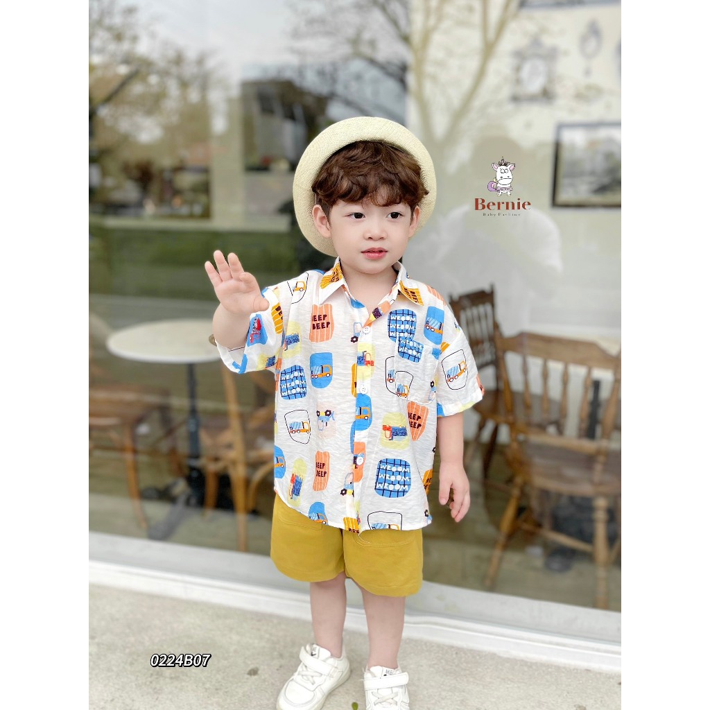 Bộ sơ mi hoạ tiết phối quần kaki cá tính cho bé, set bộ áo sơ mi đi biển bé trai Bernie