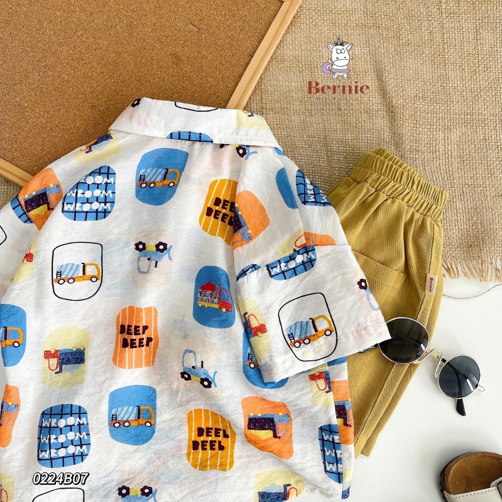 Bộ sơ mi hoạ tiết phối quần kaki cá tính cho bé, set bộ áo sơ mi đi biển bé trai Bernie