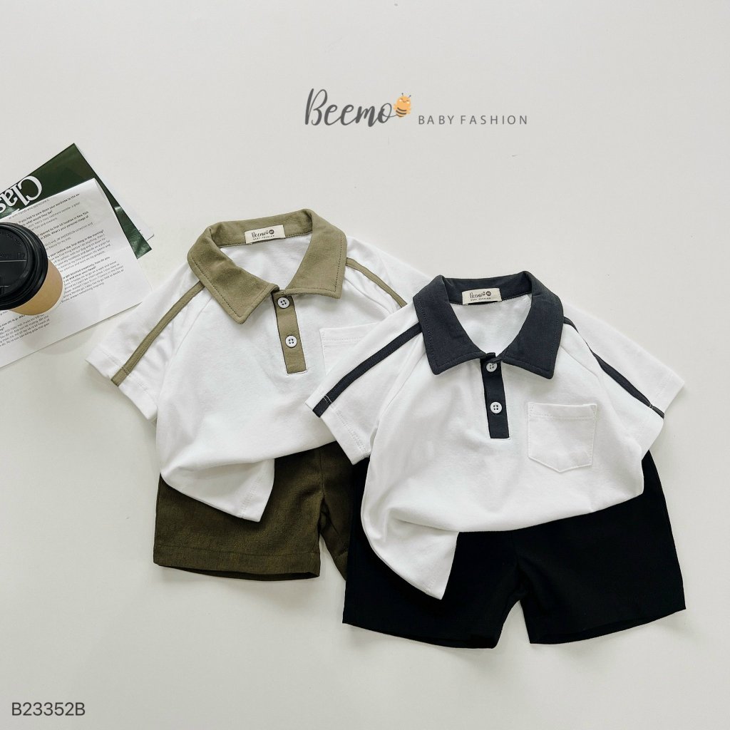 Bộ cotton cổ đức trơn màu bé trai, set bộ áo thun mềm mát quần kaki cho bé