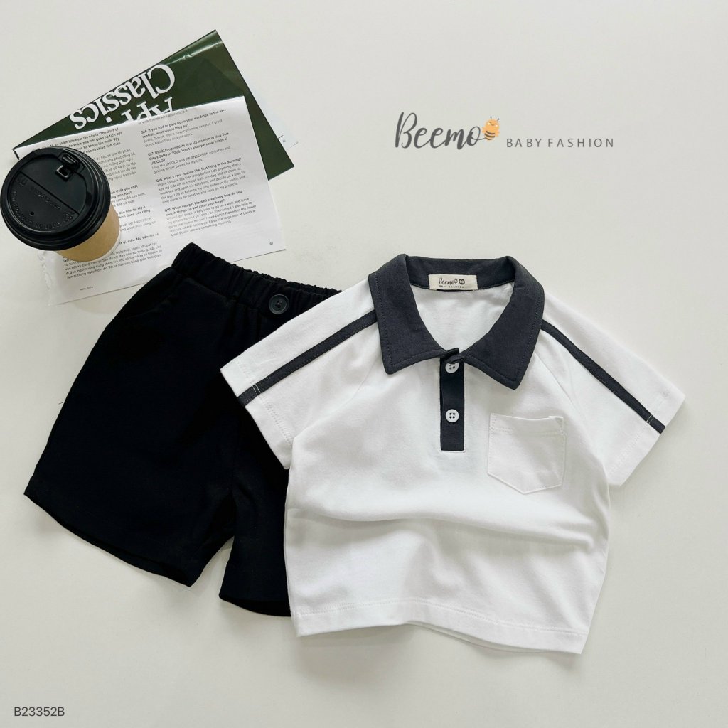 Bộ cotton cổ đức trơn màu bé trai, set bộ áo thun mềm mát quần kaki cho bé