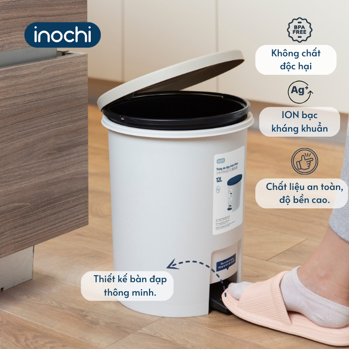 Thùng rác đạp tròn Hiro INOCHI siêu xinh, kháng khuẩn 6L và 12L nhiều màu