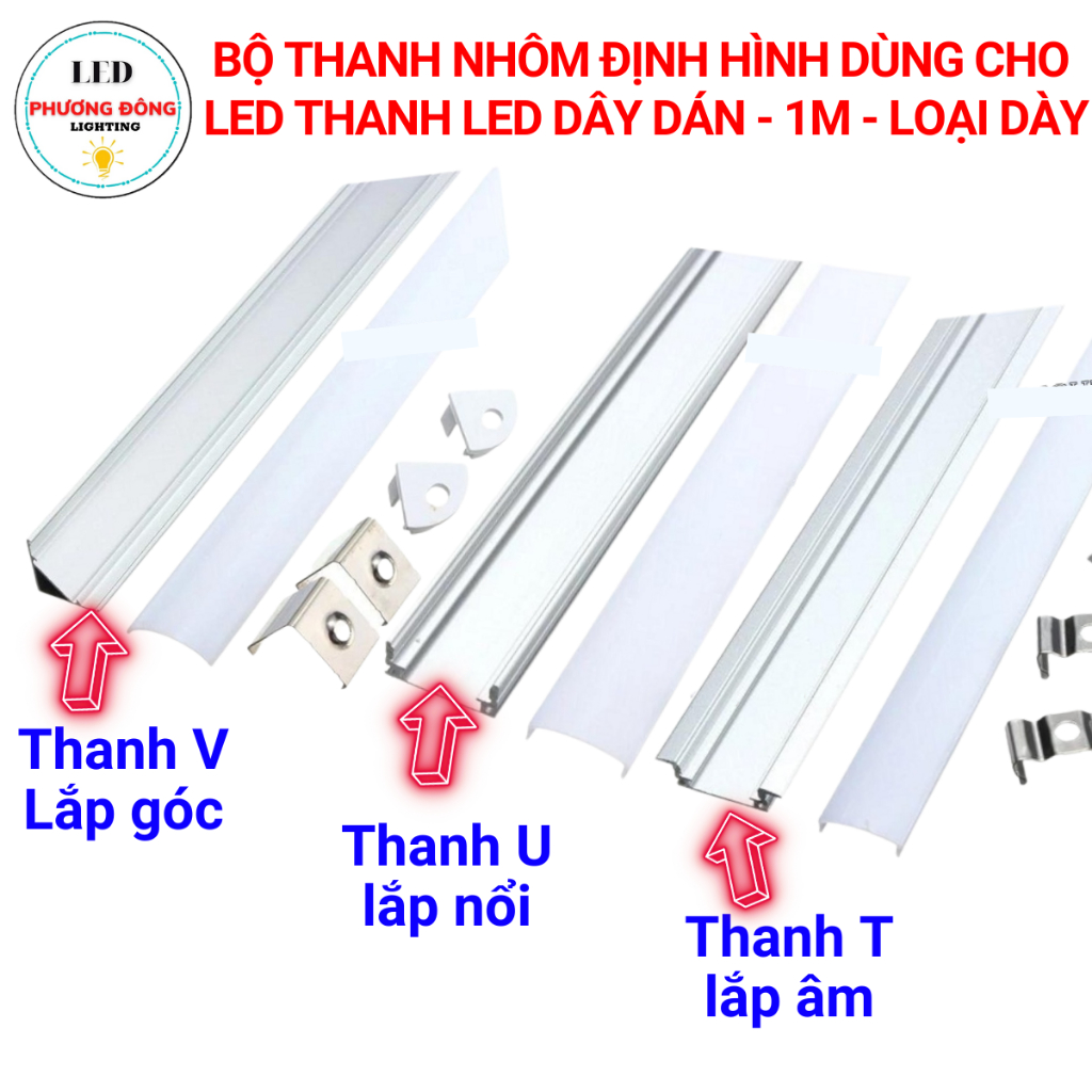 Thanh nhôm định hình Dùng cho LED thanh LED dây dán trang trí Dài 1m