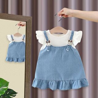Váy thun cotton trơn phối yếm jean cho bé gái mẫu mới D954