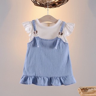 Váy thun cotton trơn phối yếm jean cho bé gái mẫu mới D954