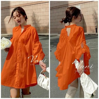 Đầm thời trang thiết kế chất thun lụa sang trọng trẻ trung cổ sơ mi áo ngắn tay phồng nhẹ đầm ngắn xòe