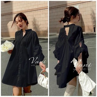 Đầm thời trang thiết kế chất thun lụa sang trọng trẻ trung cổ sơ mi áo ngắn tay phồng nhẹ đầm ngắn xòe