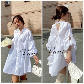 Đầm thời trang thiết kế chất thun lụa sang trọng trẻ trung cổ sơ mi áo ngắn tay phồng nhẹ đầm ngắn xòe