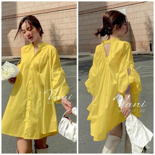 Đầm thời trang thiết kế chất thun lụa sang trọng trẻ trung cổ sơ mi áo ngắn tay phồng nhẹ đầm ngắn xòe